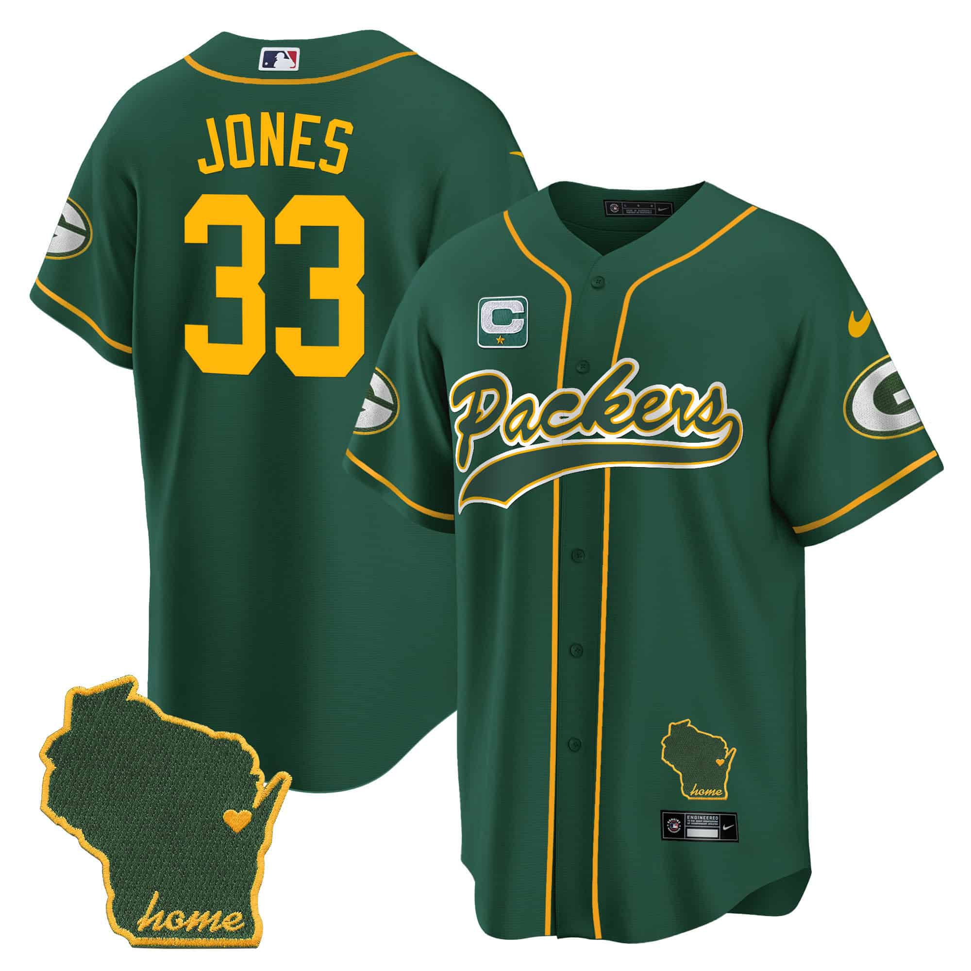 Men Green Bay Packers #33 Jones Green 2024 Nike Home Patch Baseball NFL Jersey style 1